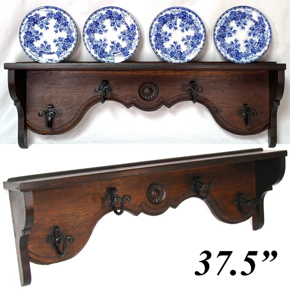 Large Antique Victorian Era 37.5" Oak Wall Shelf, Wrought Iron Hat or Coat Hooks - Image 1 of 4