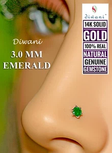 3.0mm Real Emerald 14k Gold Nose Lip Labret Monroe Piercing Ring Screw Stud Pin - Picture 1 of 12