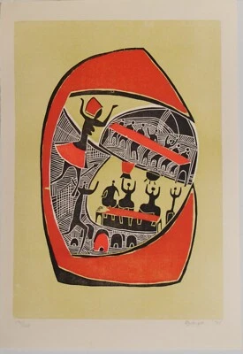 Lucky Sibiya /Linolschnitt / handsigniert /225 Exemplare/ 1975. - Bild 1 von 4