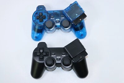 PLAYSTATION 2 PS2 Dual Vibration WIRELESS Controller CLEAR BLUE/BLACK SET OF 2 - Image 1 of 2