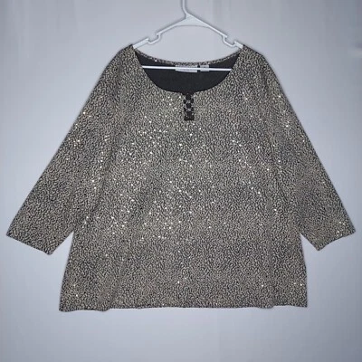Sag Harbor Top 女式 3X 金色亮片弹力针织锁眼 3/4 袖大圆领 — 第 1/4 张图片