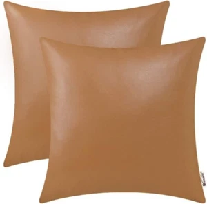 Faux Leather Throw Pillow Covers 22 X 22 Inches - Medium Tan Leather Pillow C... - Picture 1 of 6