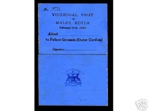 INDIA MALER KOTLA INDIAN STATE 1930 HISTORICAL VCR VISIT PASS UNUSUAL ITEM - Picture 1 of 2