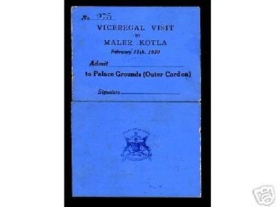 INDIA MALER KOTLA INDIAN STATE 1930 HISTORICAL VCR VISIT PASS UNUSUAL ITEM - Image 1 of 2