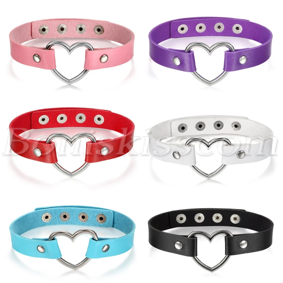 Women's Punk Gothic Leather Heart Ring Collar Choker Funky Necklace Adjustable - Image 1 of 1