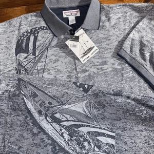 Vtg Boca Classics Polo Shirt XL Grey American Sailboat AOP Stitch Short Slv NEW - Picture 1 of 7