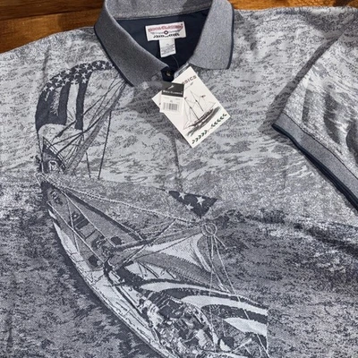Camisa polo vintage Boca Classics XL cinza veleiro americano ponto AOP curta Slv NOVA - Imagem 1 de 4