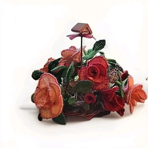 Vtg Crochet Knitted Flower Bouquet Basket handmade mothers day Gift granny READ  - Picture 1 of 18