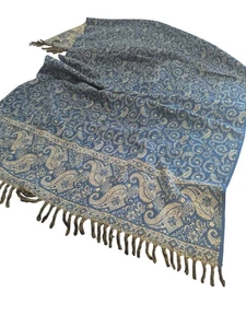 Paisley Fringed Reversable Pashmina Shawl Blue Beige Wool Blend - Picture 1 of 4