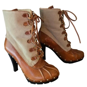 Michael Kors Botas Tacones Con Cordones Cuero Marrón Gamuza Acento Dorado Talla 8.5M - Imagen 1 de 8