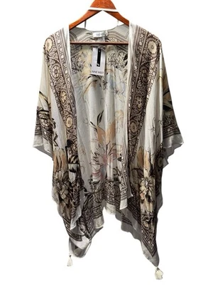 Nine West Kimono Wrap Floral Tassel Hem Women’s O/S Ivory Neutral Rayon NWT - Image 1 of 4
