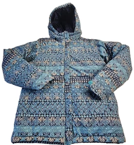 Columbia Girls Large Blue Puffer Full Zip Hooded Winter Jacket Goemetric Pattern - Picture 1 of 6