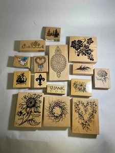 Lot of 15 Rubber Stamps on Wood Blocks Sunflower, Patterns, Nature, ect. L, M, S - Picture 1 of 12