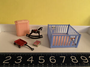  VINTAGE DollHouse Miniature Nursery: rocking horse, Renwal crib+laundrybin MORE