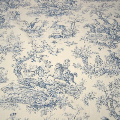 Stoff Baumwolle Rips Toile de Jouy Jagd ecru blau 280 cm breit überbreit - Bild 1 von 3