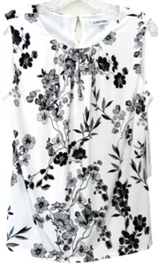 $49 NWT Calvin Klein Women's XL Printed Pleated-Neck Sleeveless Top, Black/white - Picture 1 of 7