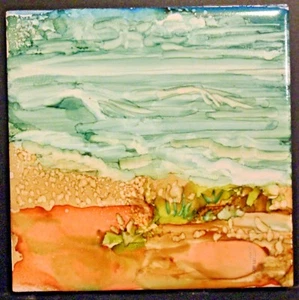 "Pink Sand & Sea " Abstract Ink Painting 4.25"X4.25" Ceramic Tile 10"X10" Frame - Picture 1 of 2