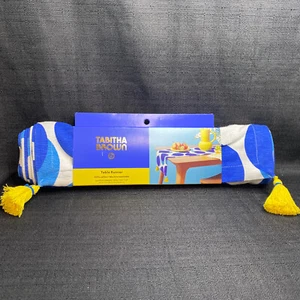 Tabitha Brown Table Runner White with Large Blue Circles &Yellow tassels 14"X72" - Picture 1 of 5