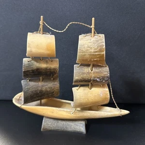 mcm Animal Horn Folk Art- Small- Tall Sailing Ship Model - Picture 1 of 4