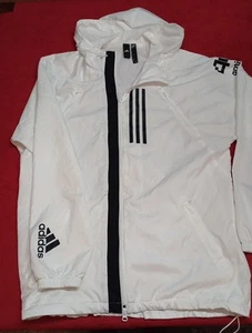 Adidas Jacke M weiß schwarz Streifen Full Zip Kapuze Windbreaker - Bild 1 von 9