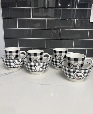 Holiday Bowl & Cup Set Service For 4 Black & White Checkered Good Tidings Peace - Image 1 of 4