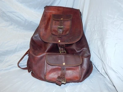 Mochila vintage 100 % cuero con cordón con solapa y hebillas (sin marca) Foto 1 de 4