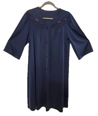 Shadowline Robe Navy Peignoir Lingerie Nylon Lace Large Pink Roses Button Front - Image 1 of 4