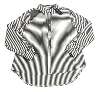 Top Allegra K para mujer L gris blanco a rayas lengüeta enrollable manga larga botón delantero nuevo con etiquetas Foto 1 de 4