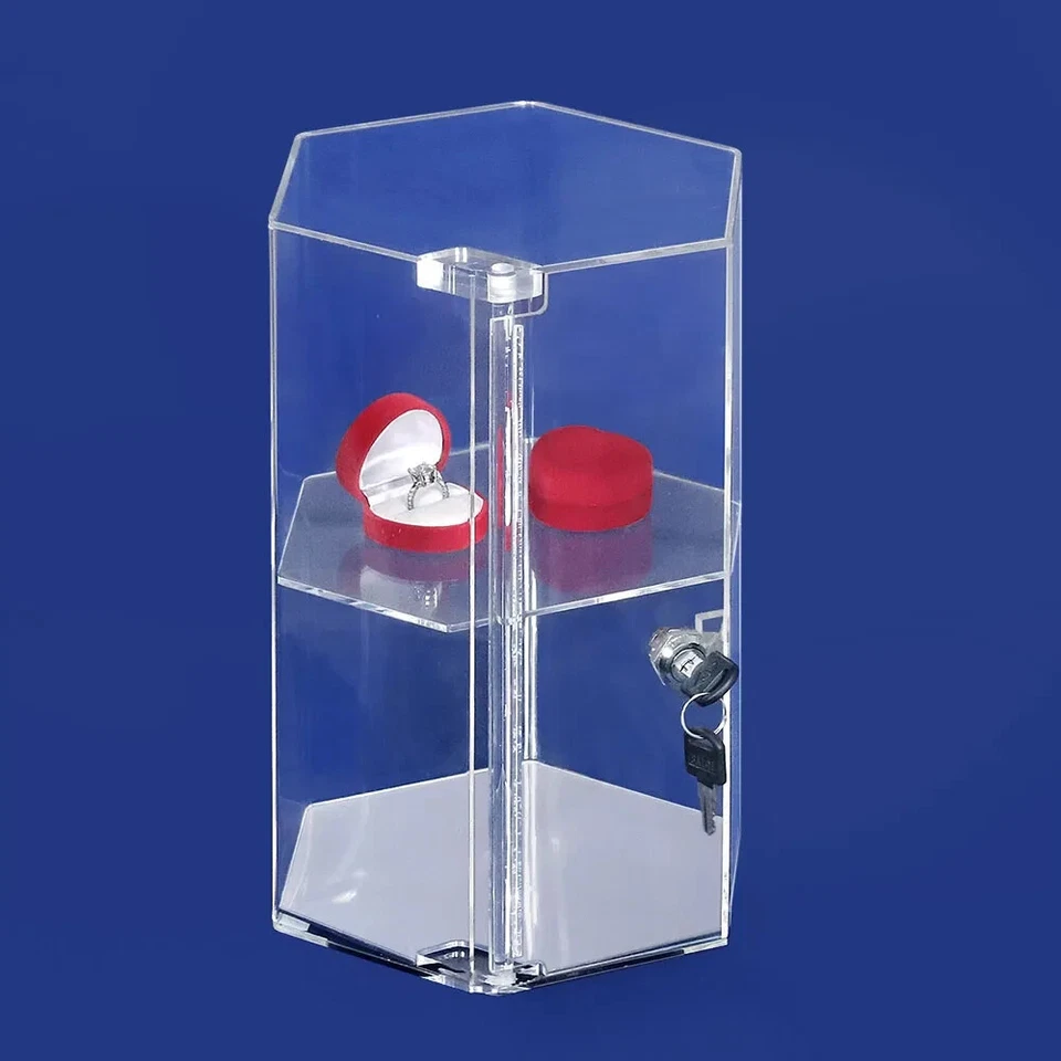 Mirrored Bottom Clear Acrylic Single Shelf Rotating Hexagon Display Case - Image 1 of 1