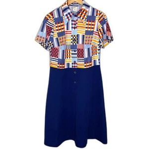 VTG 70's 2 pc Womens Dress Graphic Print Mixed Media Button Front Union Label - Picture 1 of 16