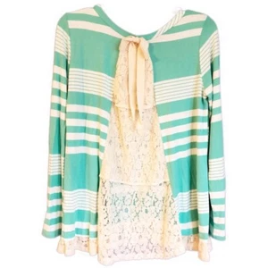 Fantastic Fawn Size Small Open Lace Back Top Green Ivory Stripe Ribbon Tie BoHo - Picture 1 of 6