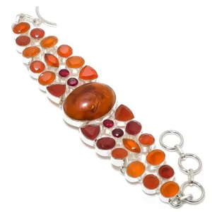 Baltic Amber, Carnelian Gemstone 925 Sterling Silver Bracelet 7-8" m524 - Picture 1 of 5