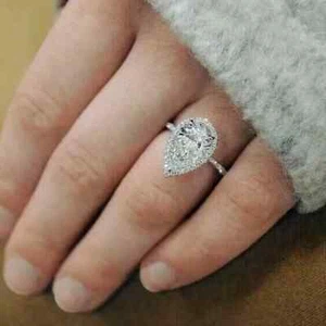 2.50Ct Pear Cut Moissanite Halo Engagement Ring In 14k White Gold Plated - Picture 1 of 5
