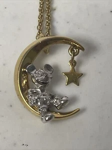 Metal Mickey Mouse on The Moon Necklace Pendant Gold & Silver Tone Disney Brand - Picture 1 of 11