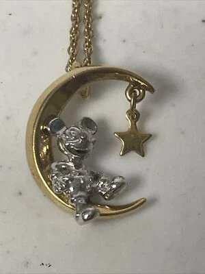 Metal Mickey Mouse on The Moon Necklace Pendant Gold & Silver Tone Disney Brand - Image 1 of 4