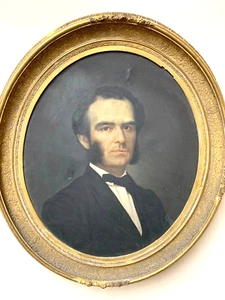 Antique Portrait, Of a Gentleman, Oval, Oil on Canvas, Gold Frame, 1800's! - Picture 1 of 5