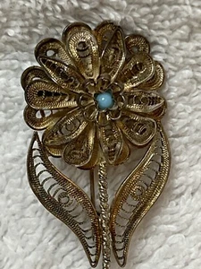 Sterling Silver/925 Turquoise 3.5” Brooch/C-Clasp Filigree Flower Marked - Picture 1 of 12