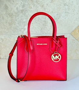 MICHAEL KORS MERCER MEDIUM SATCHEL MESSENGER LEATHER BAG BRIGHT RED - Picture 1 of 13