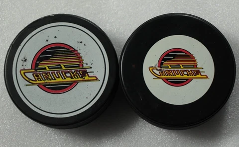 2 Vintage Vancouver Canucks Souvenir Puck Lot NHL Hockey Cover