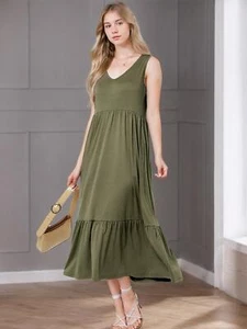 Women's Casual Sleeveless V Neck Swing Dress Flowy Tiered Maxi Beach Sundress # - Picture 1 of 14