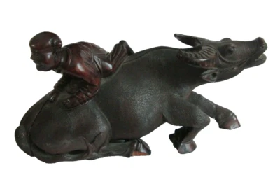 CHINESE WOODEN WOOD HAND CARVED CARVING WATER BUFFALO FIGURE RIDING ANTIQUE - Image 1 of 4