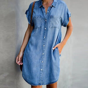 Womens Casual Short Sleeve Dress Button Down Pockets Jean Denim Mini Shirtdress