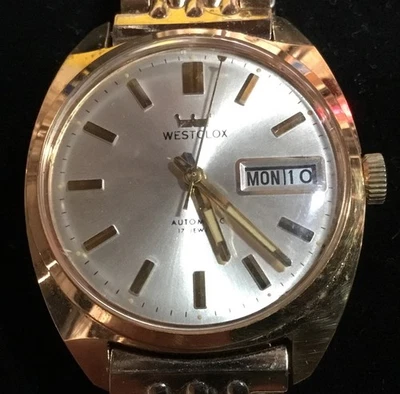 Vintage Novo Na Caixa Westclox Crown Line Auto 17J Dia/Data 34mm + Papéis Funciona - Imagem 1 de 4