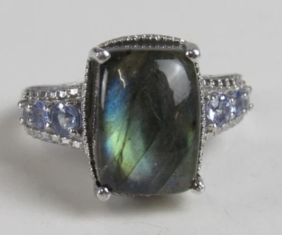 Malagasy Labradorite Tanzanite Ring Sz 8.0 Platinum Overlay Sterling JK074 - Image 1 of 3