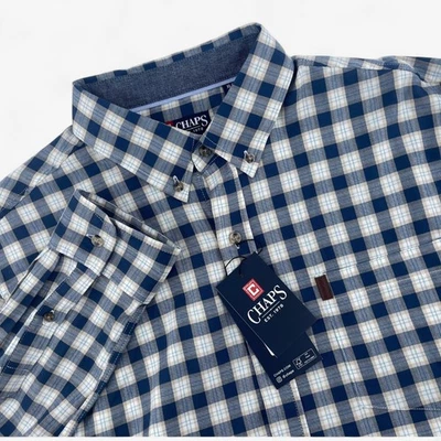 Chaps XL Mens Plaid Button Up Shirt Long Sleeve Stretch Dark Denim Casual NEW - Image 1 of 4
