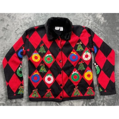 Carolina Colores M Negro Rojo Argyle Navidad Suéter Imitación Piel Cuello Corona Foto 1 de 4