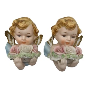 Vintage Set Of 2 Tilso Hand Painted Porcelain Winged Cherub/Angel Busts  Japan - Picture 1 of 9
