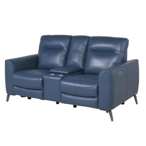 Bowery Hill Ocean Blue Top Grain Leather Power Reclining Console Loveseat - Picture 1 of 11