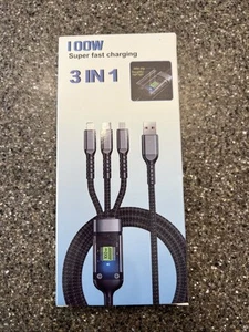 100W 3 in 1 Super Charging Cable 6A Micro USB Type C Fast Charger Type-C Cable D - Picture 1 of 10