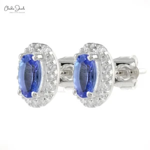 1/2 CT Natural Tanzanite & Pave Set Diamond Halo Stud Earrings in 14k White Gold - Picture 1 of 11
